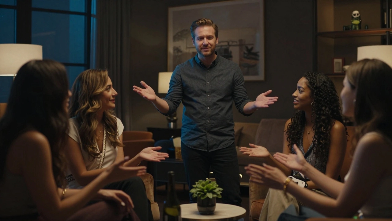 Мужчина общается с компанией девушек в расслабленной обстановке лаунжа