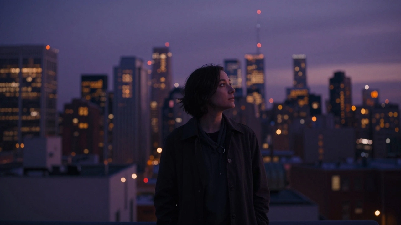 Одинокий человек на фоне огней ночного города, размышляющий о близости