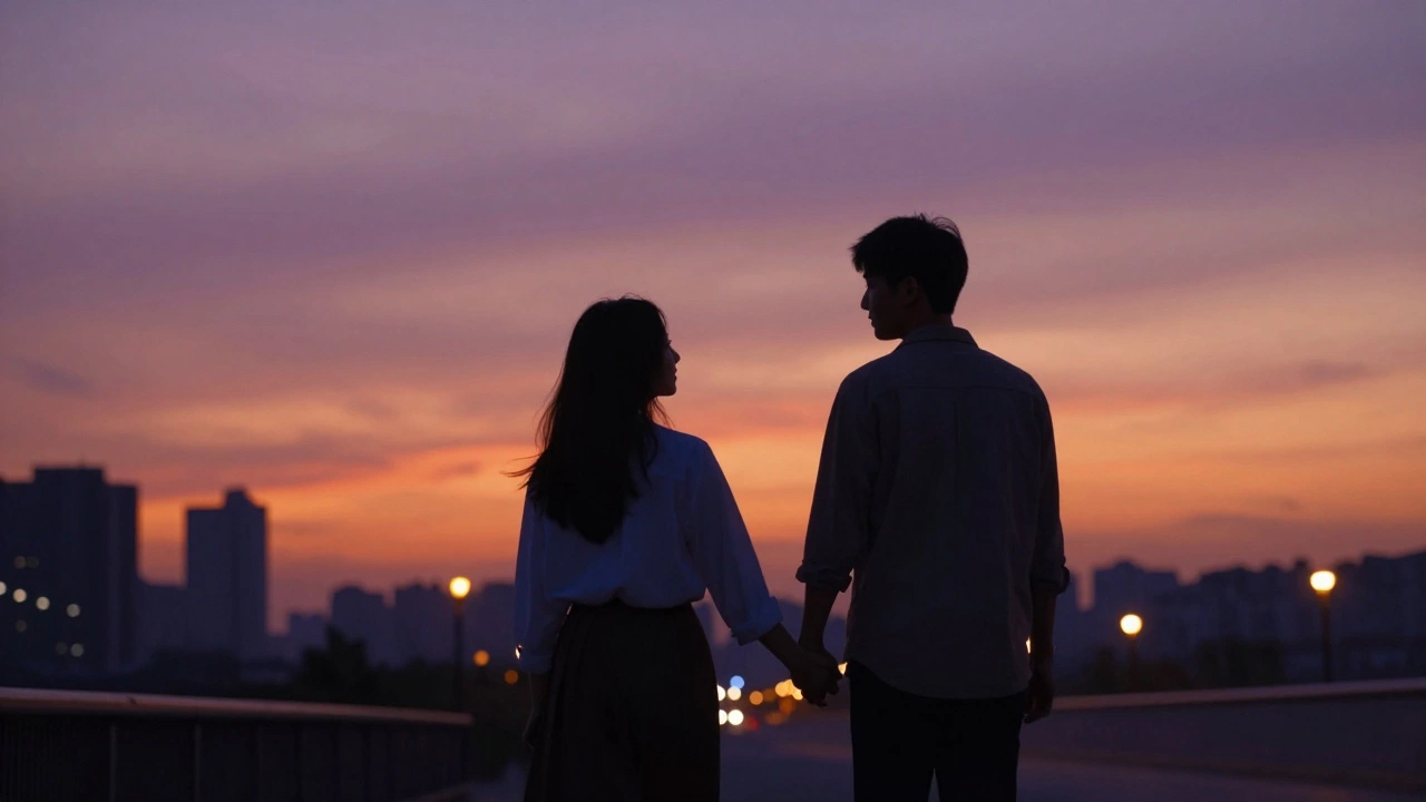 Силуэты пары, гуляющей по городу на фоне красивого заката