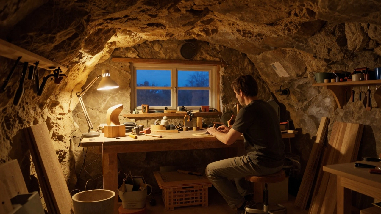 Уютная мужская мастерская с инструментами в теплом освещении