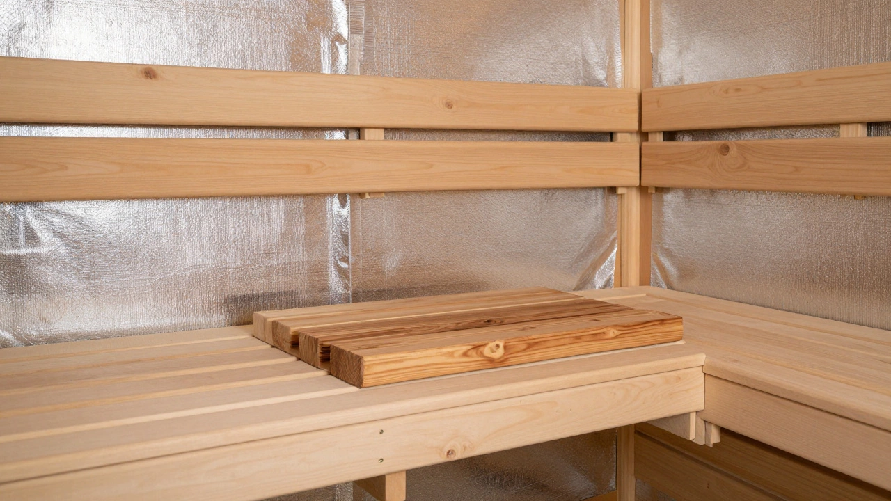 Внутренняя отделка парной из липы и абаши с установленной пароизоляционной фольгой